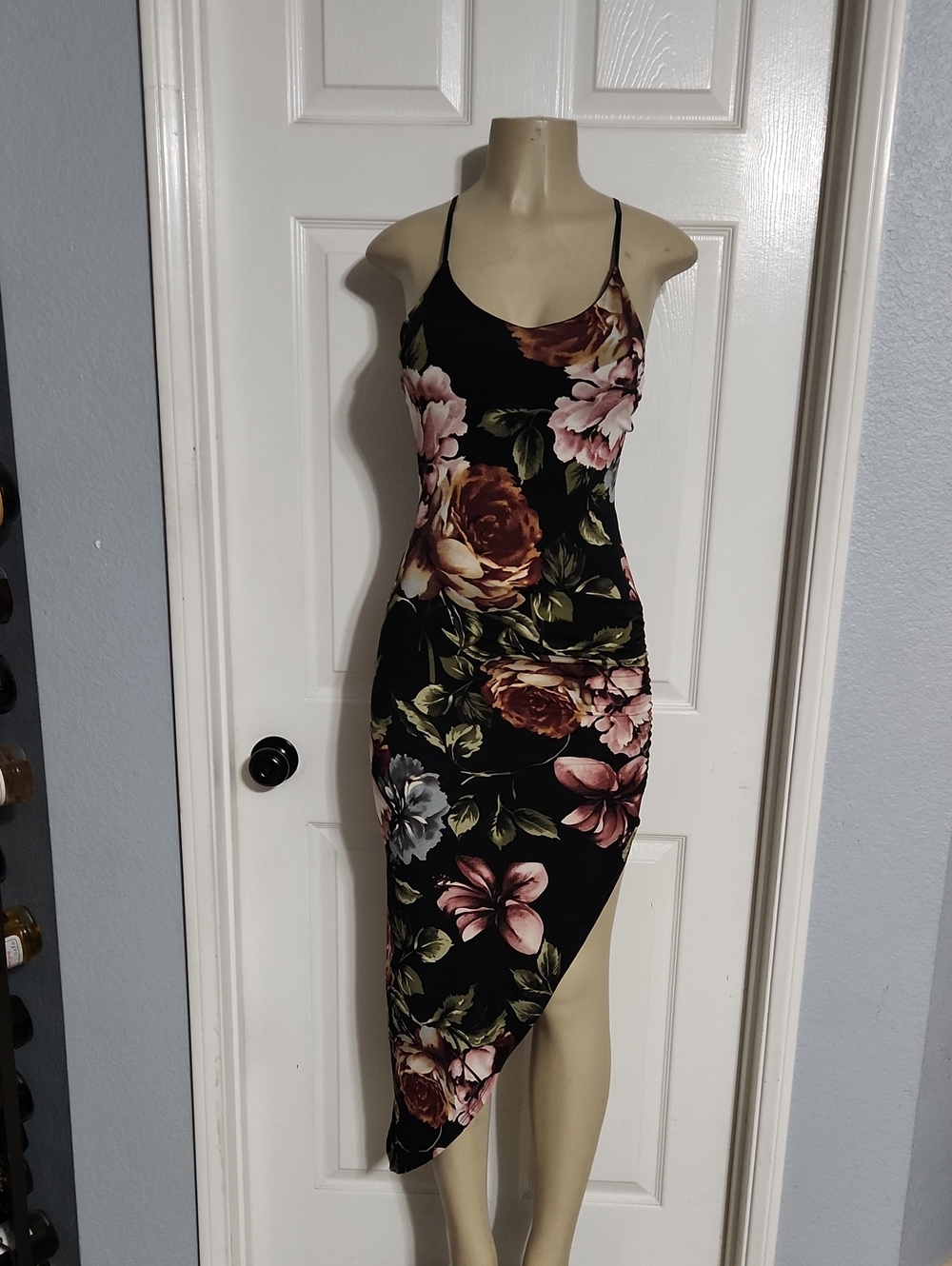Floral Asymmetrical Slip Dress in Black with Pink & Brown Blooms